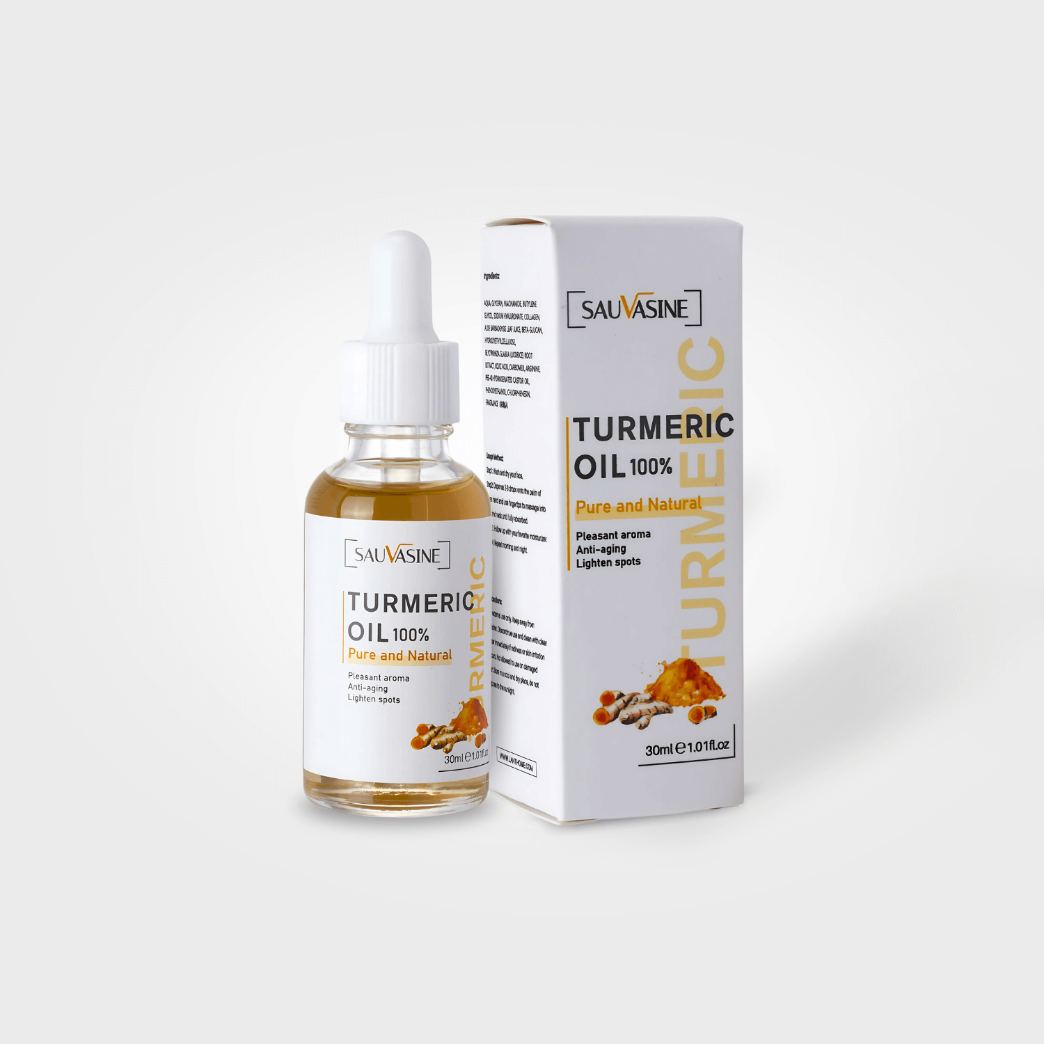 Sauvasine Turmeric Oil bottle and packaging on a white background