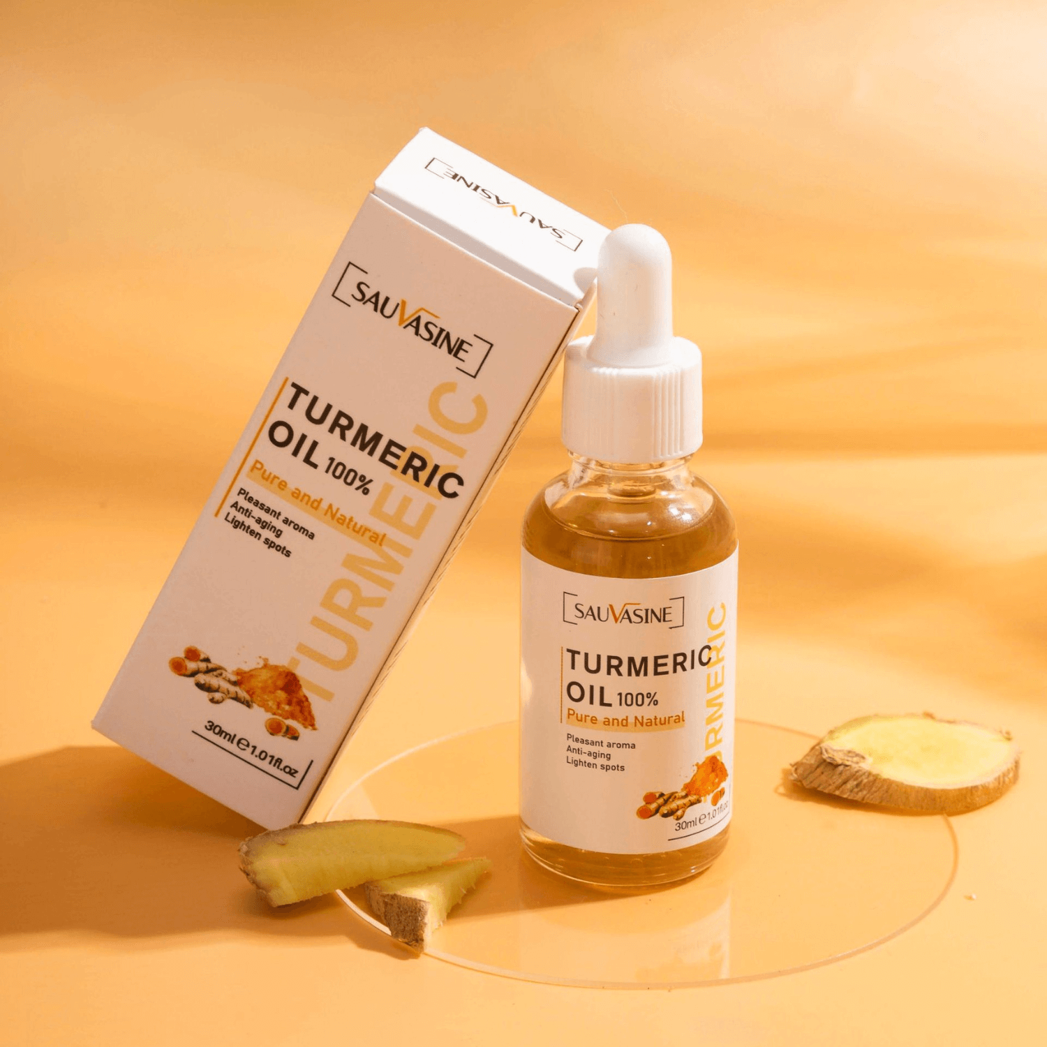Sauvasine Turmeric Oil bottle and packaging on a yellow background