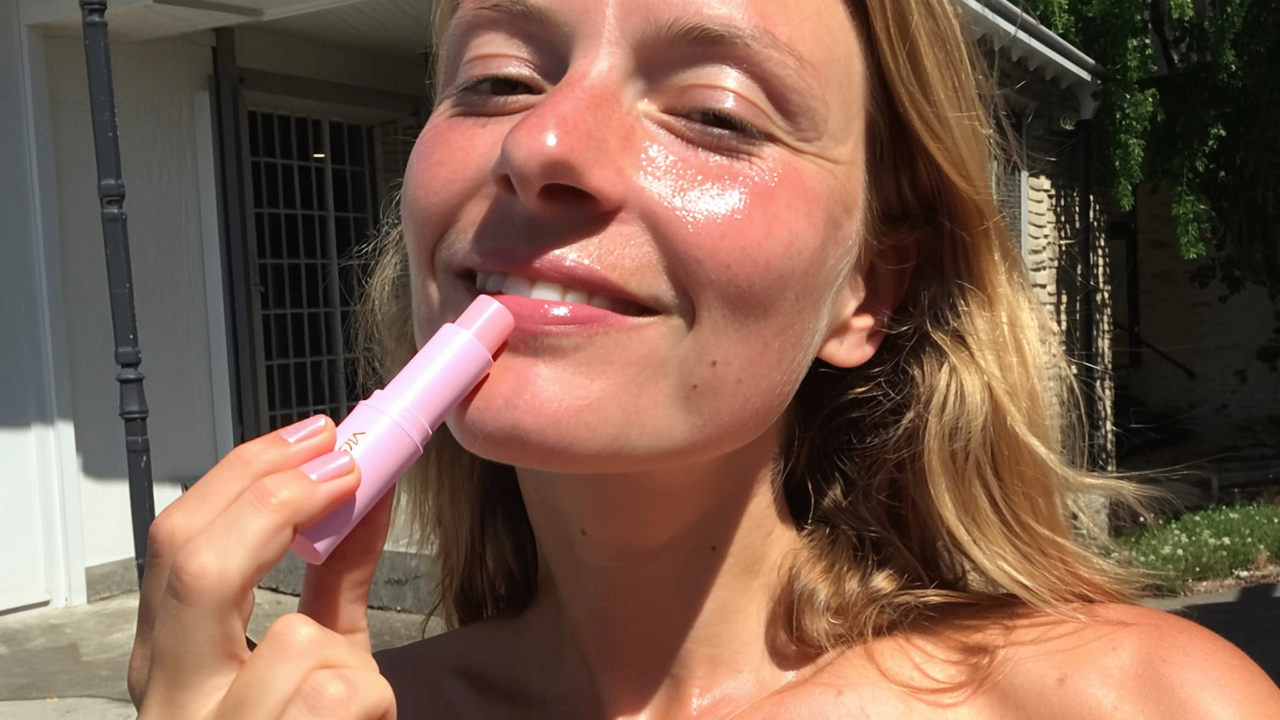 Woman applying lip balm outdoors with a house in the background