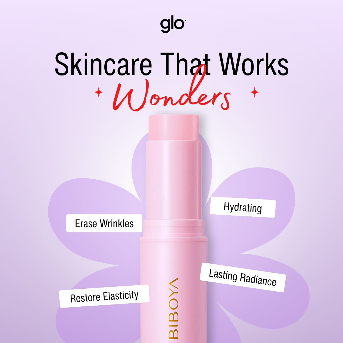 Pink skincare product with text on a purple background, featuring the brand 'glo'.