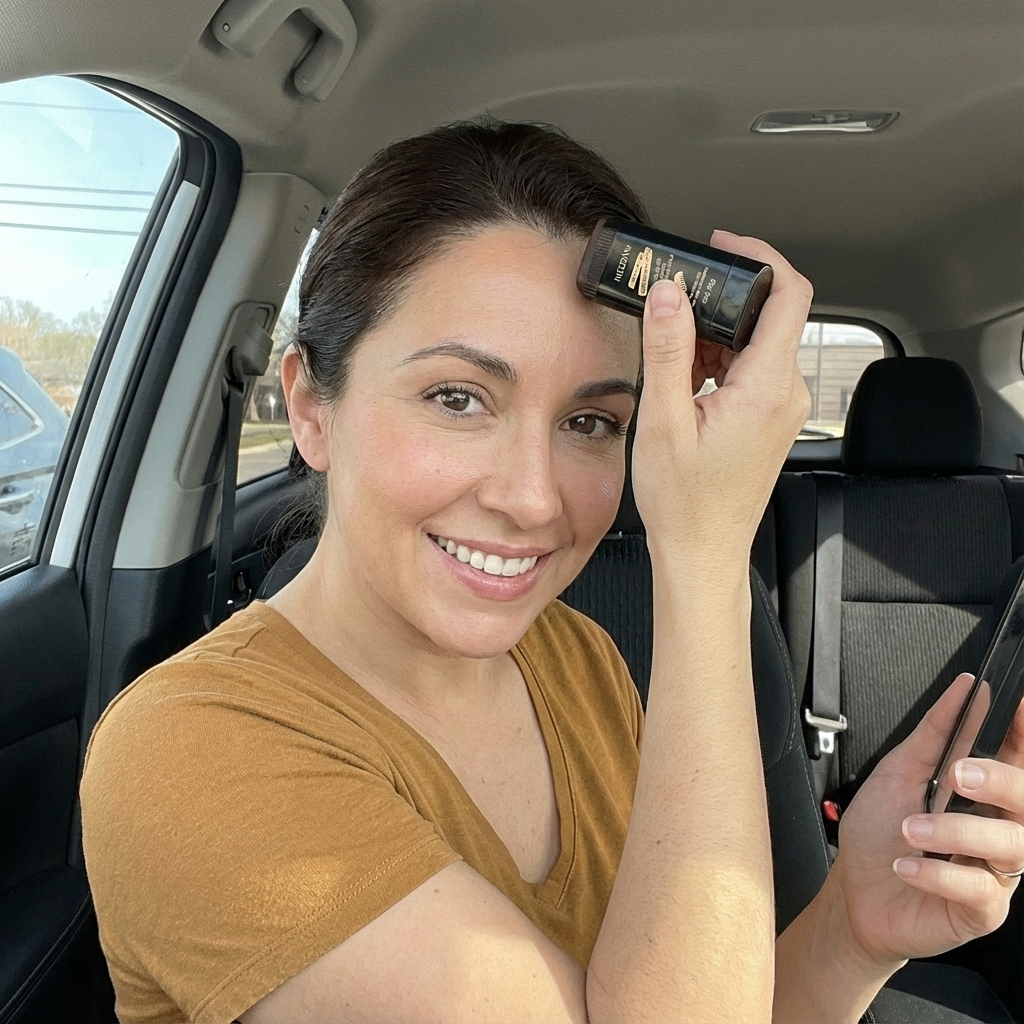 Woman in a car holding a phone and a product, smiling.