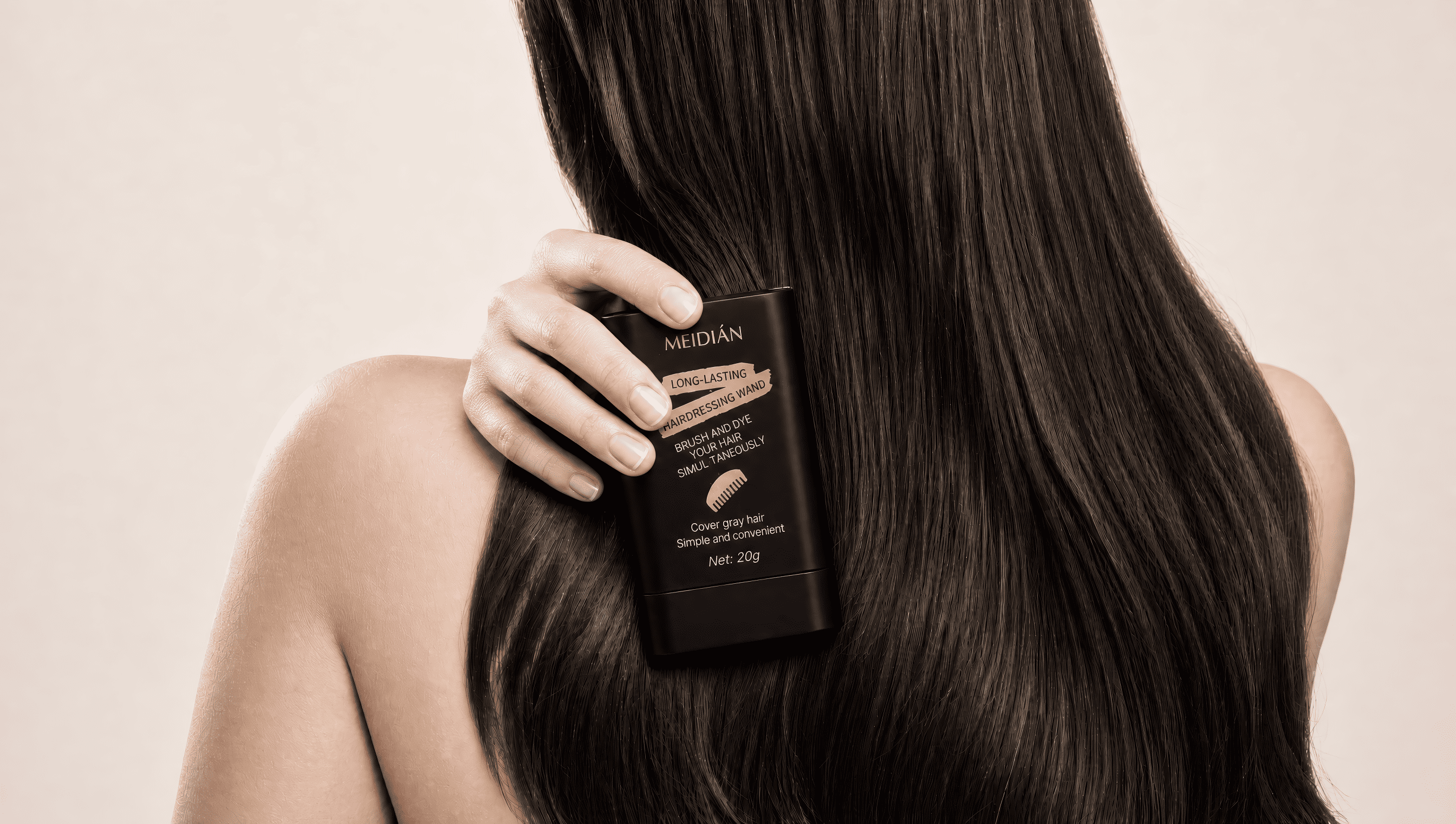 A woman with long, straight dark brown hair holds a black MEDIAN hair product box near her hair against a warm beige background.